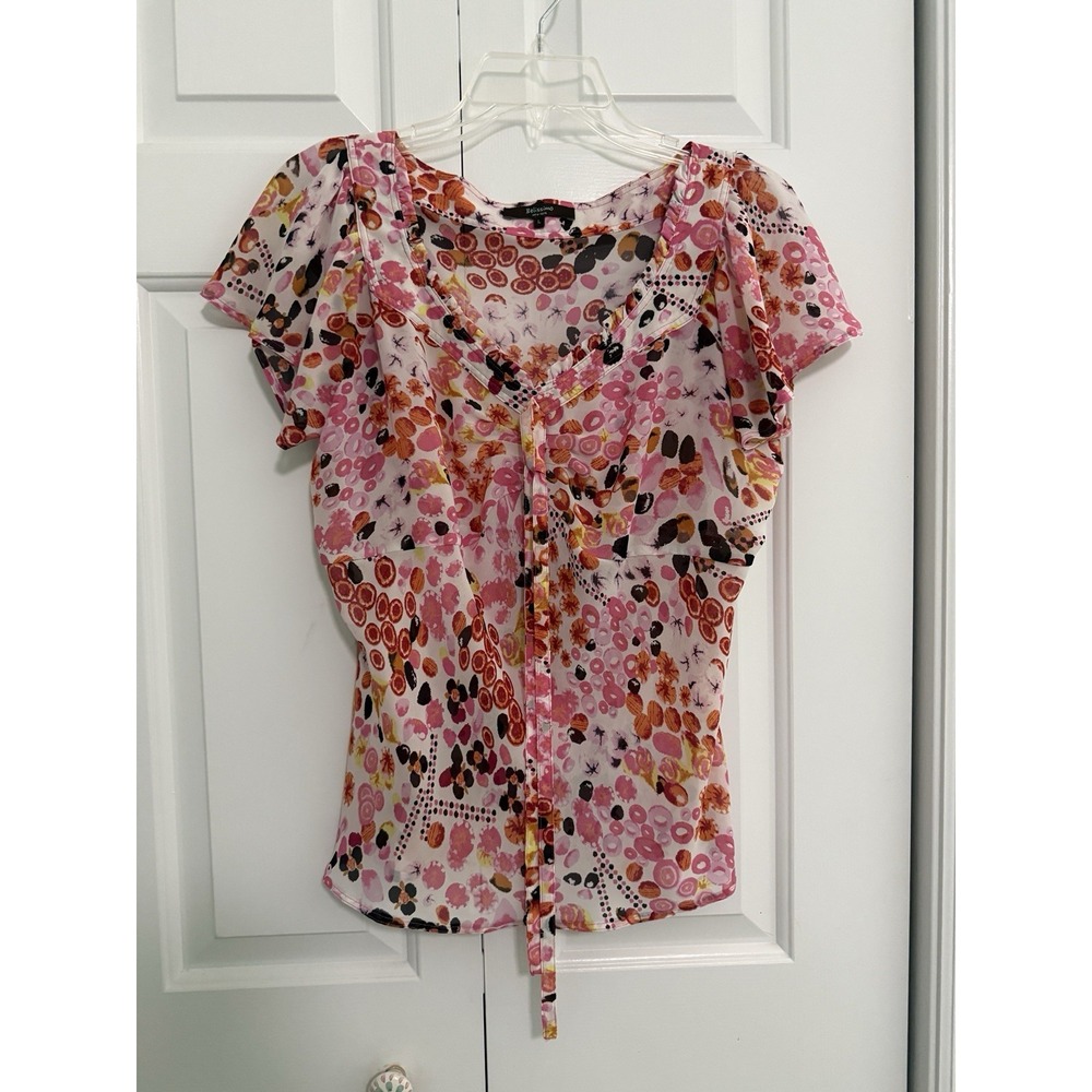 Belissimo New York Woman Sz L Business Casual Dots Artsy Tie Blouse Y2K Style